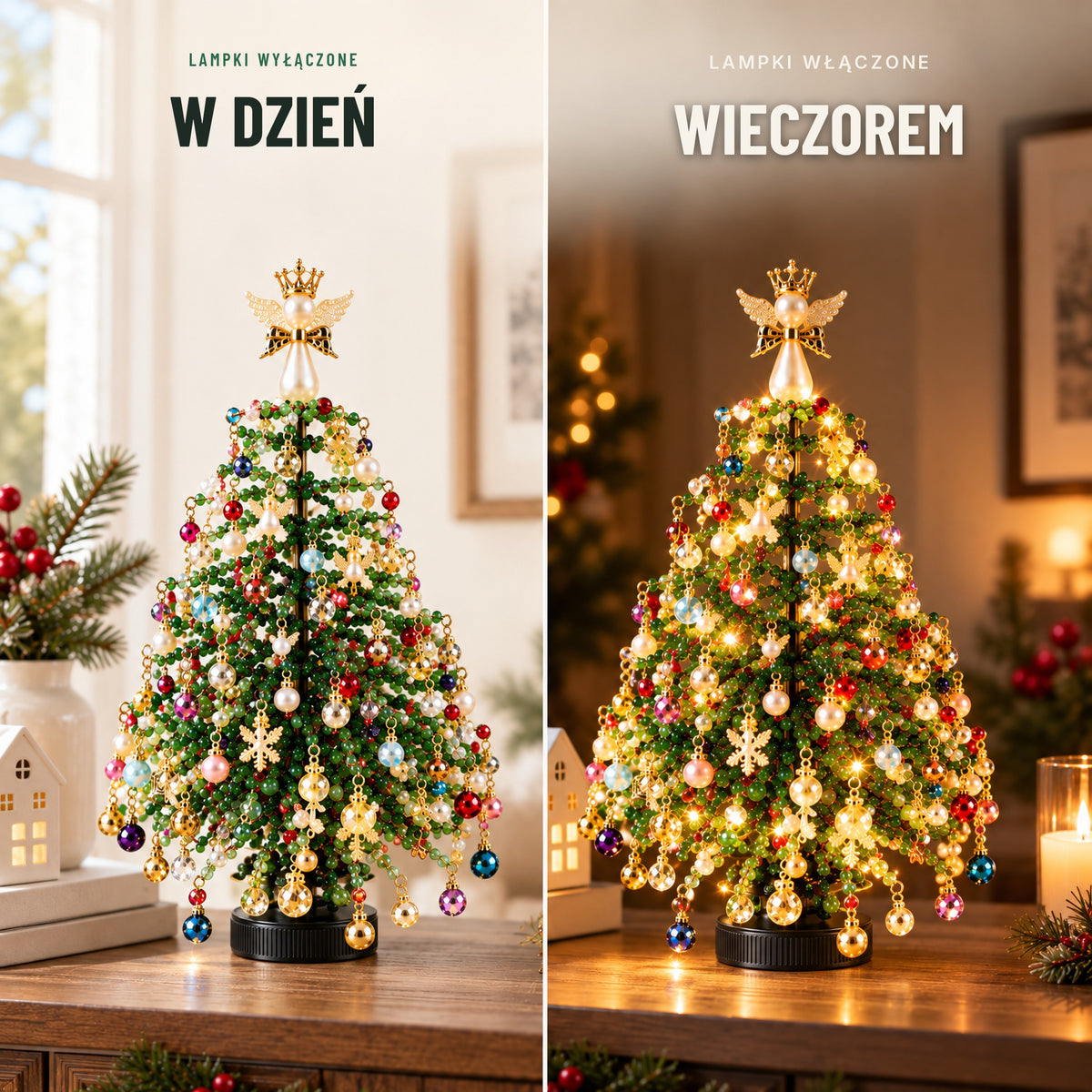 Choinka z koralików w dzień i wieczorem z włączonymi lampkami LED