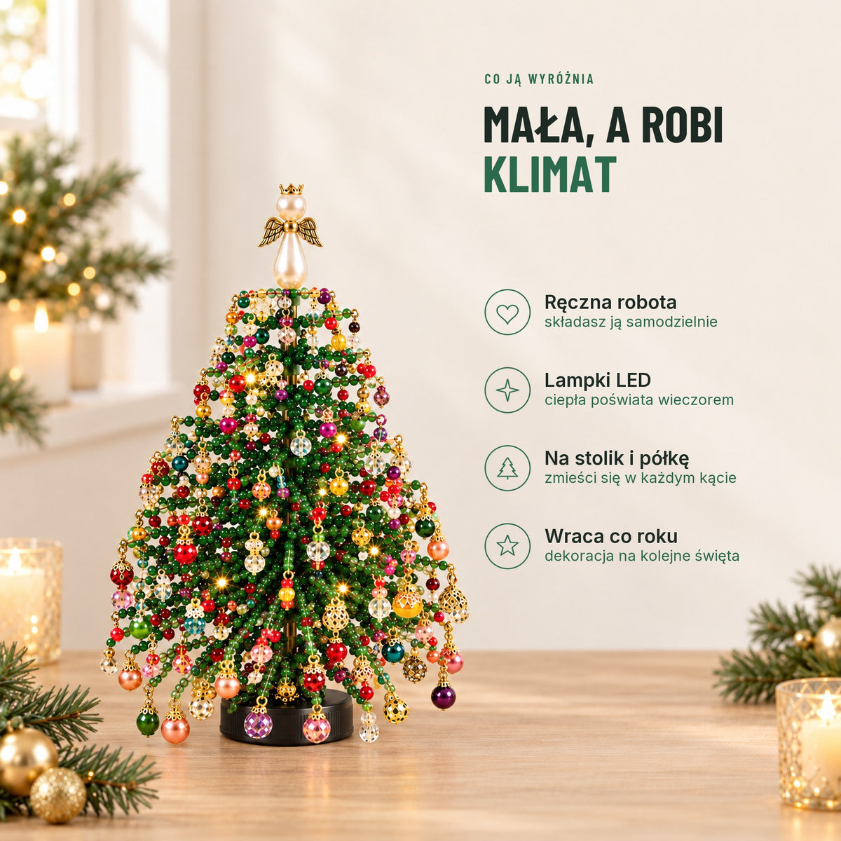 Cechy choinki z koralików DIY: ręczna robota, lampki LED, na stolik i półkę, wraca co roku
