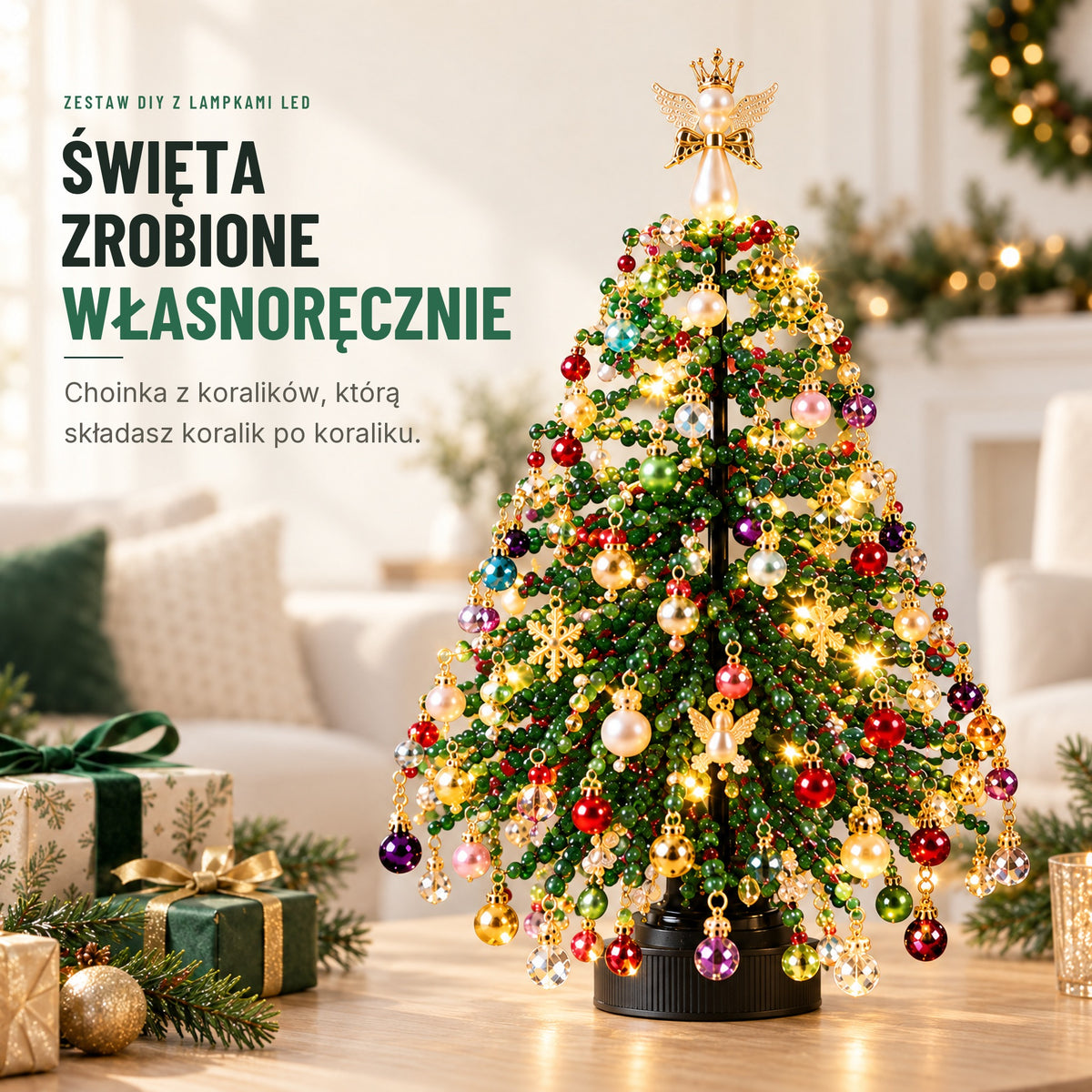 Choinka z koralików DIY z lampkami LED – zestaw do samodzielnego złożenia