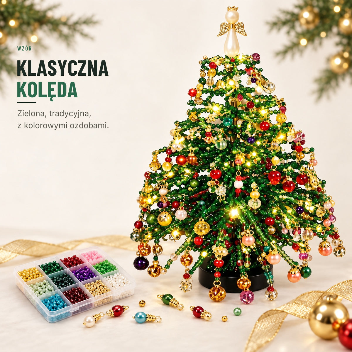 Choinka z koralików DIY — wzór Klasyczna Kolęda, zielona z kolorowymi ozdobami