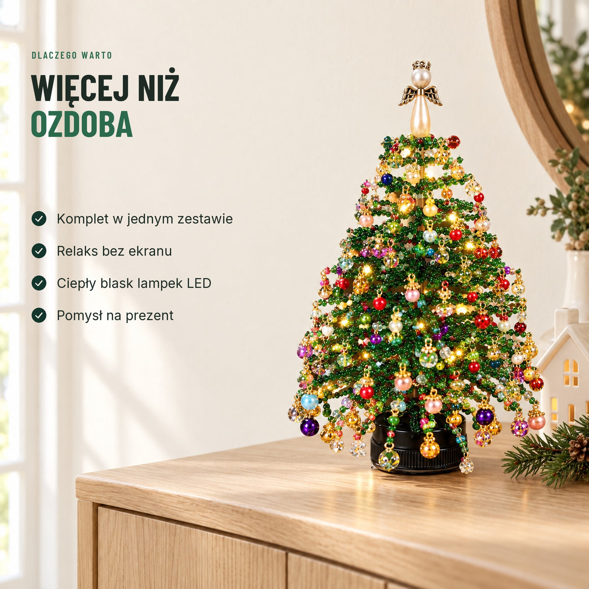 Choinka z koralików DIY — komplet w zestawie, relaks bez ekranu, lampki LED, pomysł na prezent