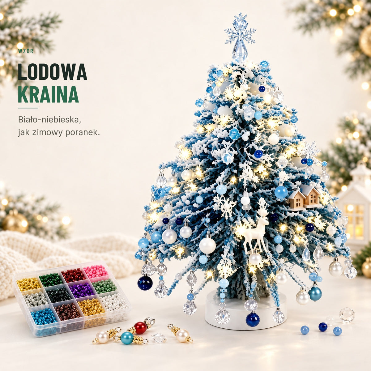 Choinka z koralików DIY — wzór Lodowa Kraina, biało-niebieska