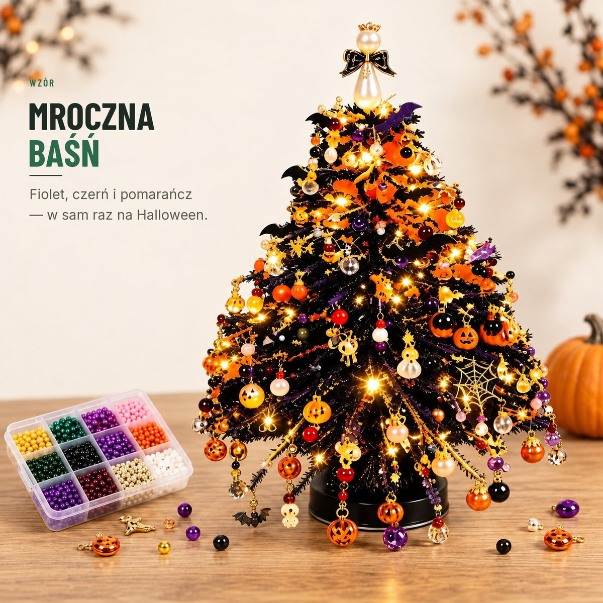 Choinka z koralików DIY — wzór Mroczna Baśń, fioletowo-pomarańczowa na Halloween