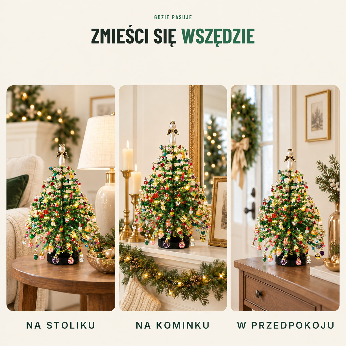 Choinka z koralików na stoliku, kominku i w przedpokoju