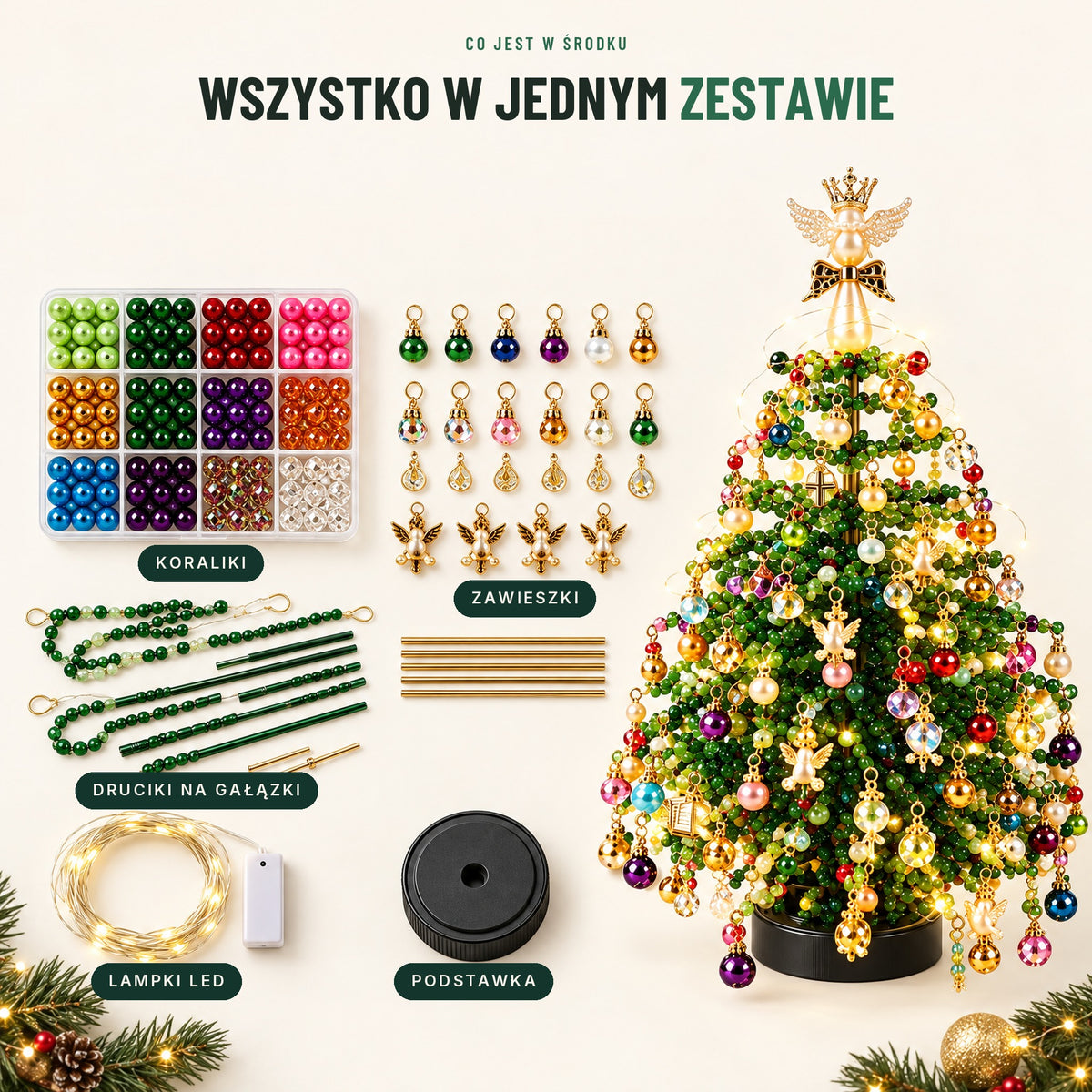 Zawartość zestawu: koraliki w organizerze, zawieszki, druciki na gałązki, podstawka i lampki LED