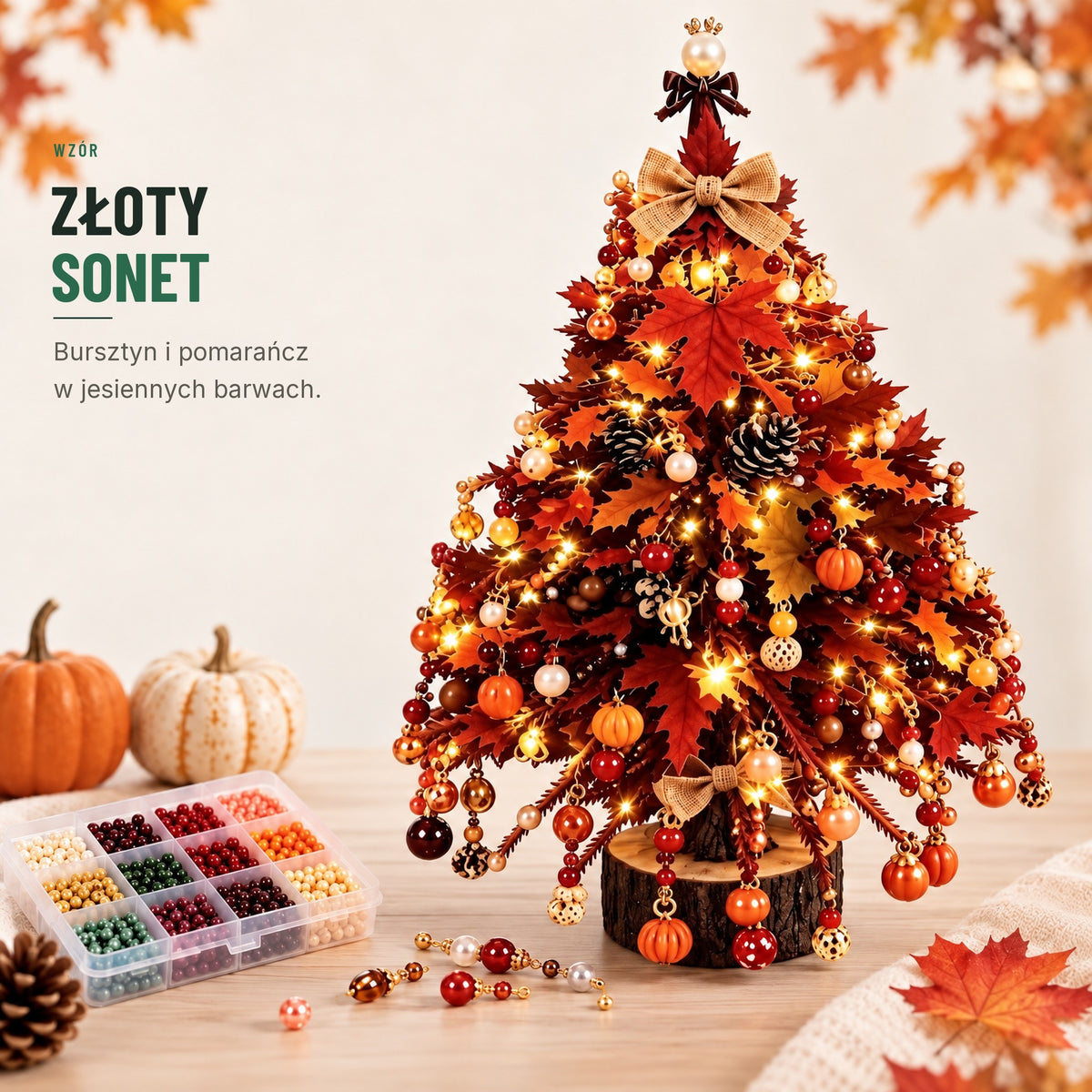 Choinka z koralików DIY — wzór Złoty Sonet, jesienna, bursztynowo-pomarańczowa
