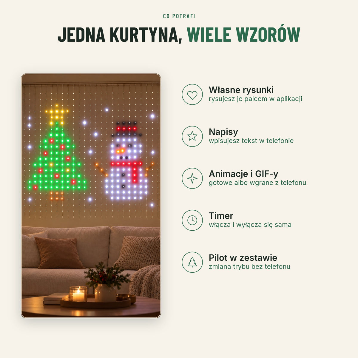 Funkcje kurtyny świetlnej: własne rysunki, napisy, animacje i GIF-y, timer, pilot