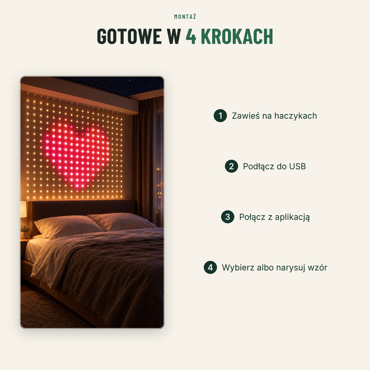 Montaż kurtyny w 4 krokach: zawieś na haczykach, podłącz USB, połącz z aplikacją, wybierz wzór