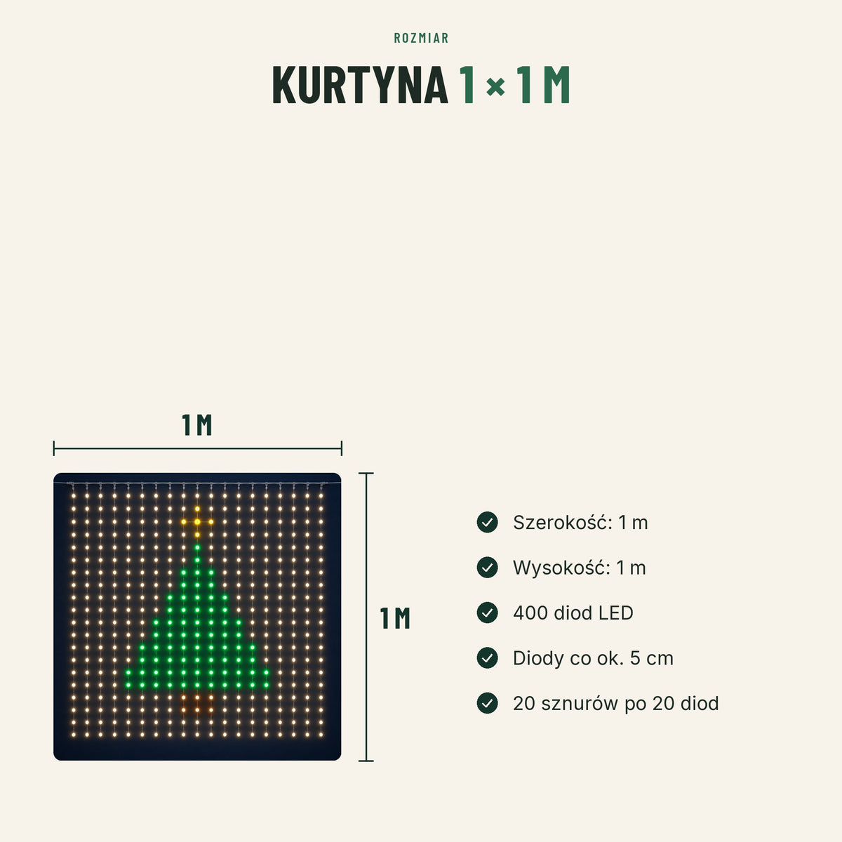 Kurtyna świetlna LED — rozmiar 1 × 1 m, 400 diod