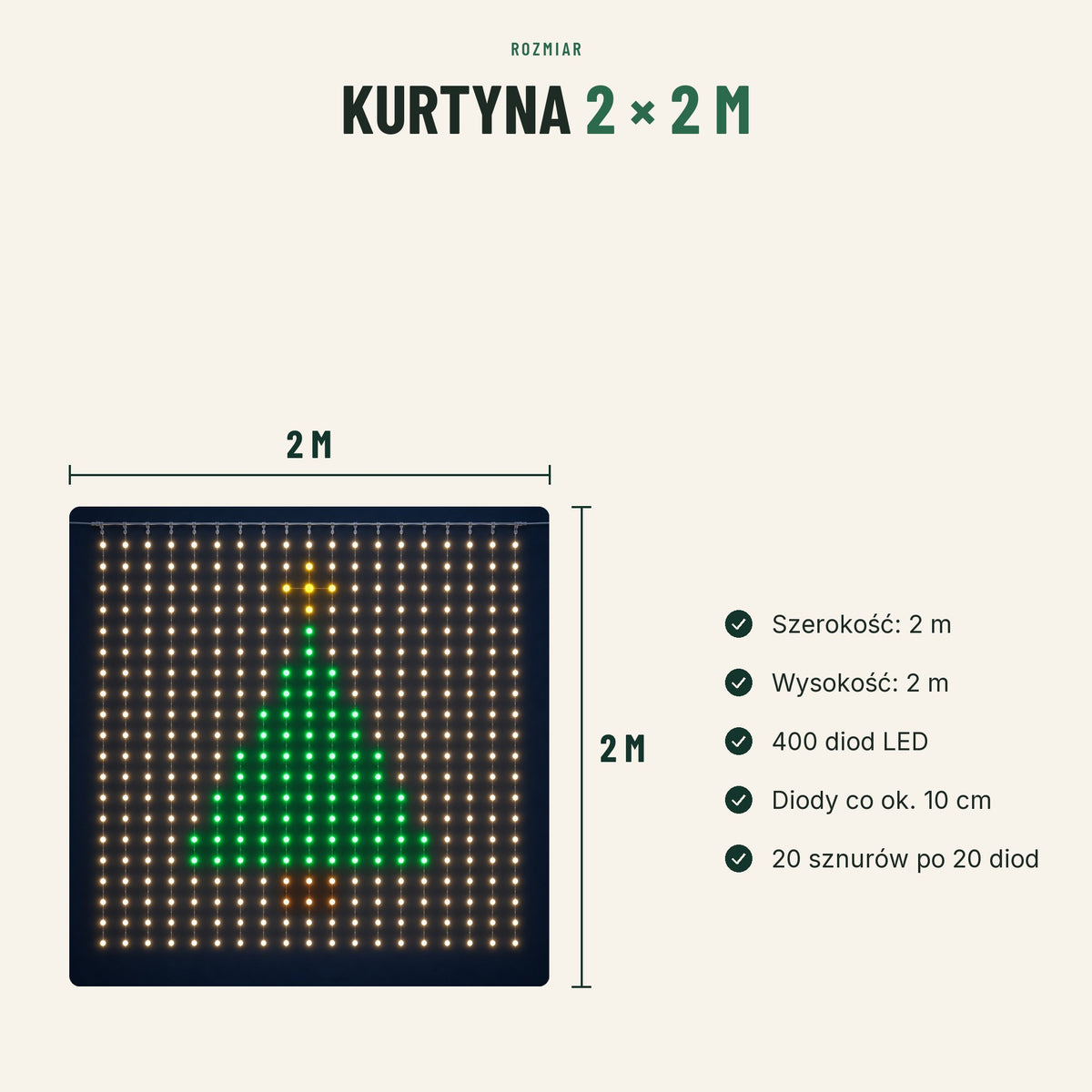 Kurtyna świetlna LED — rozmiar 2 × 2 m, 400 diod