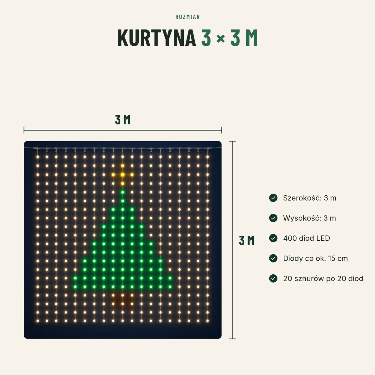 Kurtyna świetlna LED — rozmiar 3 × 3 m, 400 diod