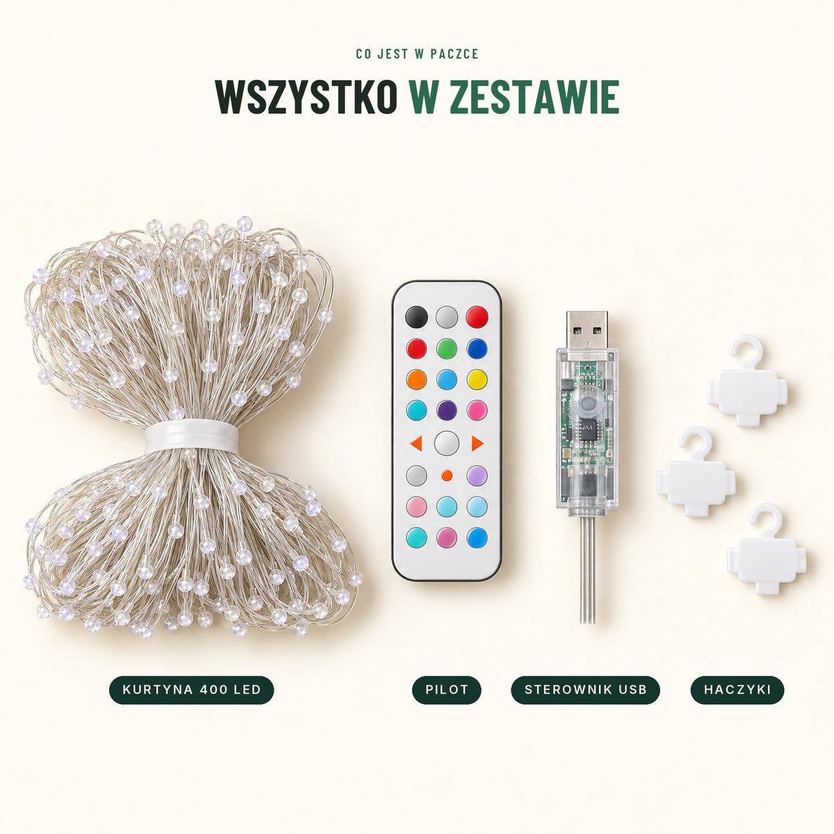 Zawartość zestawu: kurtyna 400 LED, pilot, sterownik USB i haczyki