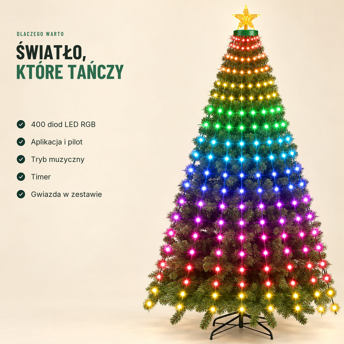 Inteligentne lampki LED na choinkę — 400 diod RGB, aplikacja i pilot, tryb muzyczny, timer