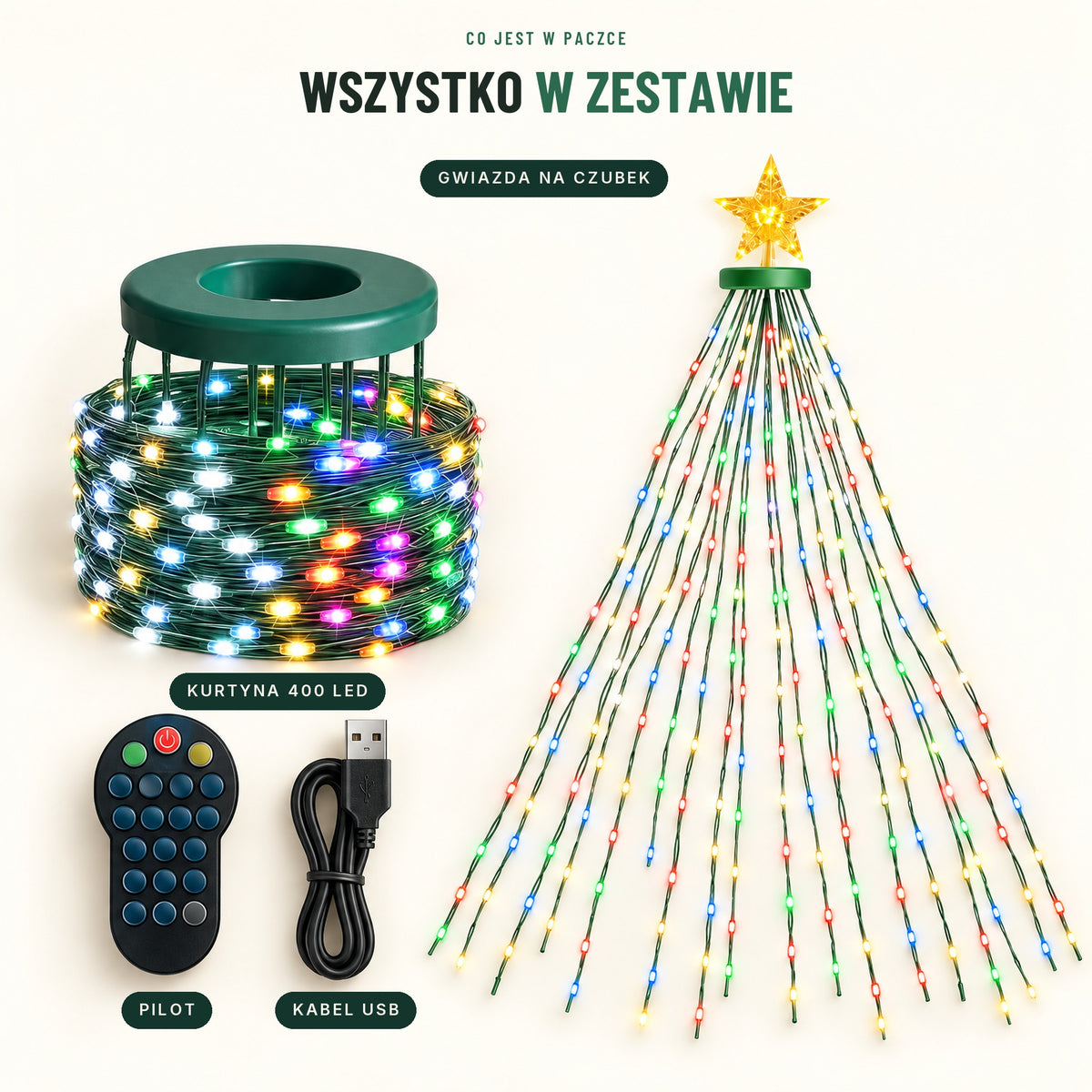 Zawartość zestawu: kurtyna 400 LED na pierścieniu, gwiazda na czubek, pilot i kabel USB