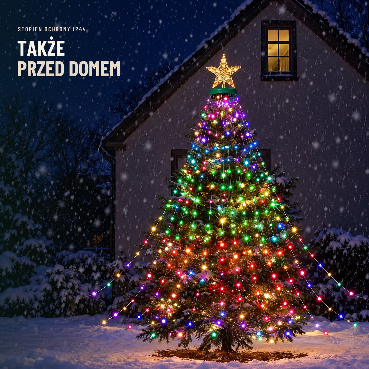 Inteligentne lampki LED na choince przed domem — stopień ochrony IP44