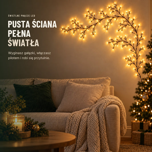 Świetlne pnącze LED na ścianie nad kanapą — pusta ściana pełna światła