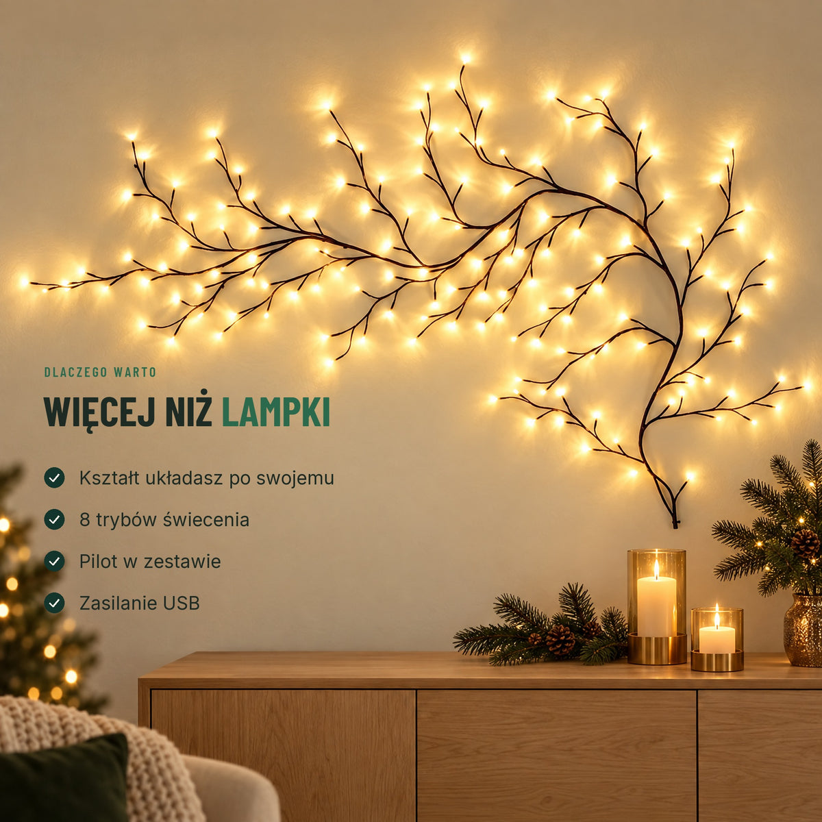Świetlne pnącze LED — kształt po swojemu, 8 trybów świecenia, pilot w zestawie, zasilanie USB
