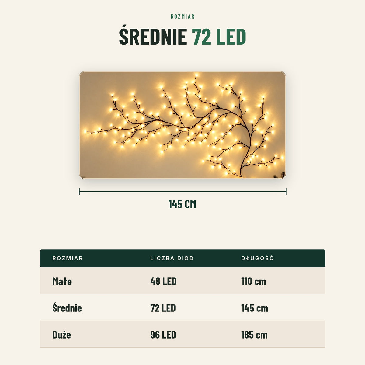 Świetlne pnącze LED — rozmiar średni, 72 diody, długość 145 cm