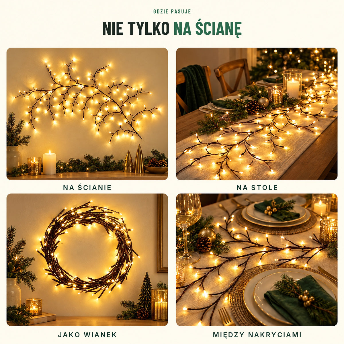 Pnącze LED na ścianie, na stole, jako wianek i między nakryciami