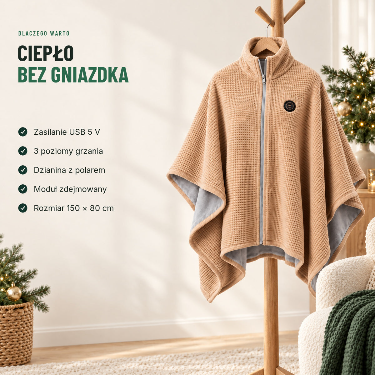 Ogrzewany szal USB — zasilanie 5 V, 3 poziomy grzania, dzianina z polarem, zdejmowany moduł