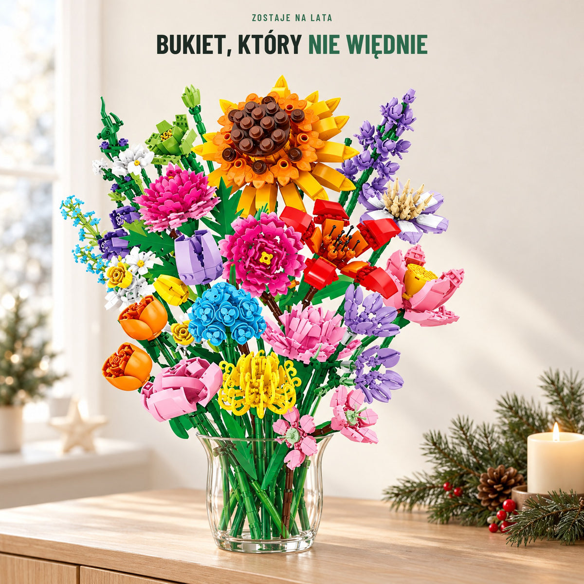 Gotowy bukiet z klocków ze słonecznikiem w wazonie na komodzie