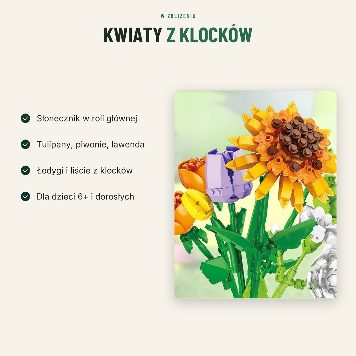 Zbliżenie kwiatów z klocków: słonecznik, tulipany i lawenda