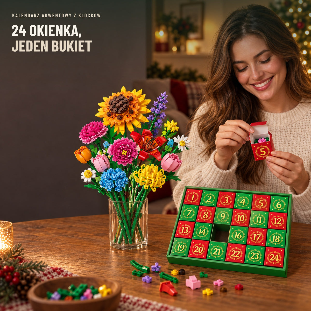 Kobieta otwiera okienko kalendarza adwentowego i buduje bukiet z klocków
