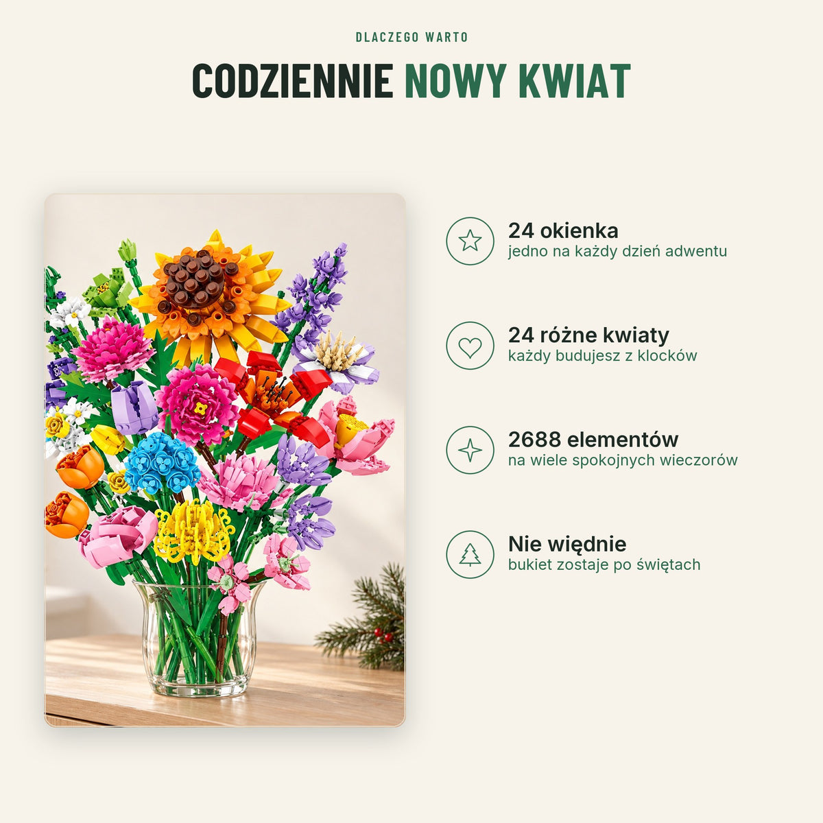 Kalendarz adwentowy z klocków — 24 okienka, 24 różne kwiaty, 2688 elementów