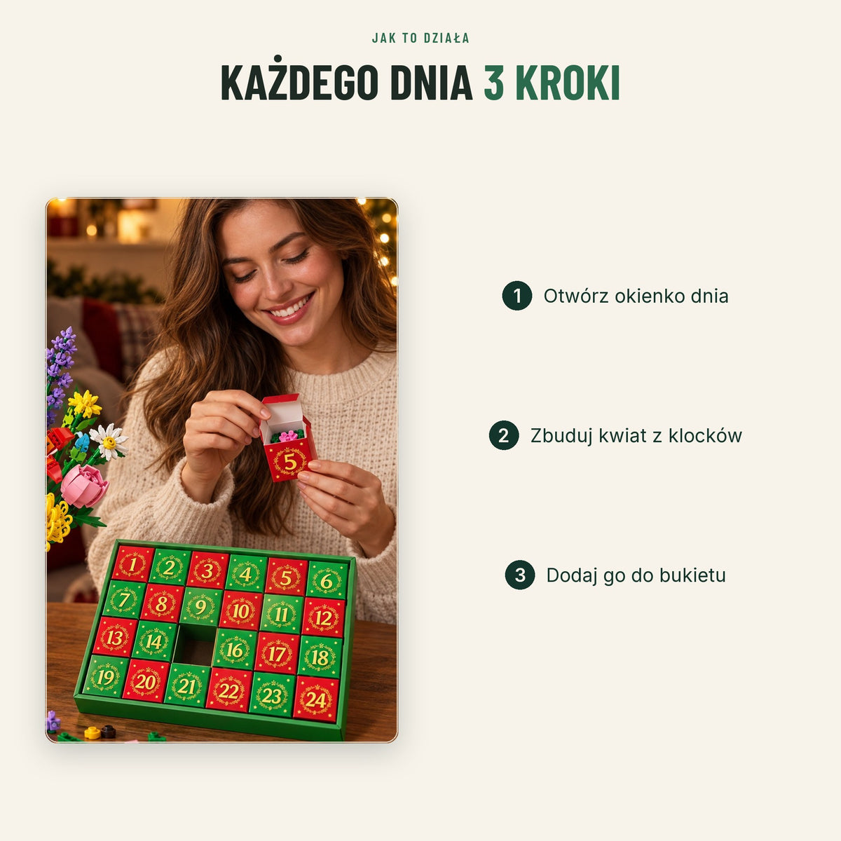 Jak działa kalendarz: otwórz okienko dnia, zbuduj kwiat, dodaj do bukietu