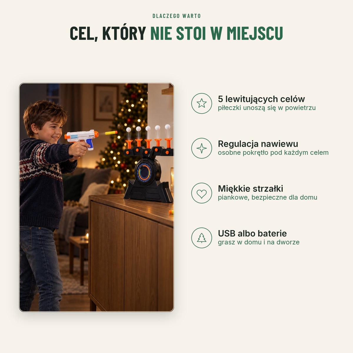 Gra z lewitującymi celami — 5 celów, regulacja nawiewu, miękkie strzałki, USB lub baterie