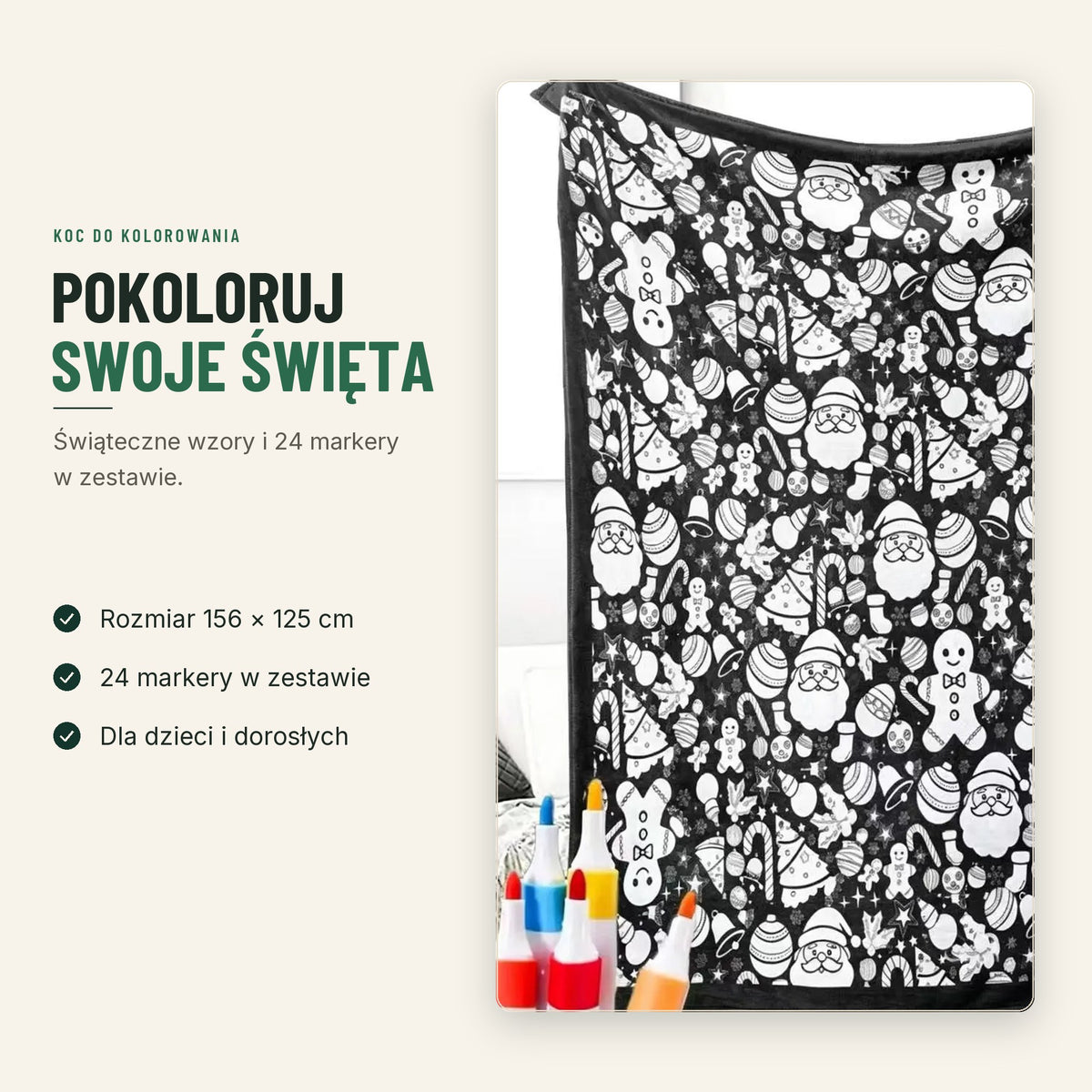 Koc do kolorowania ze świątecznym wzorem i kolorowe markery
