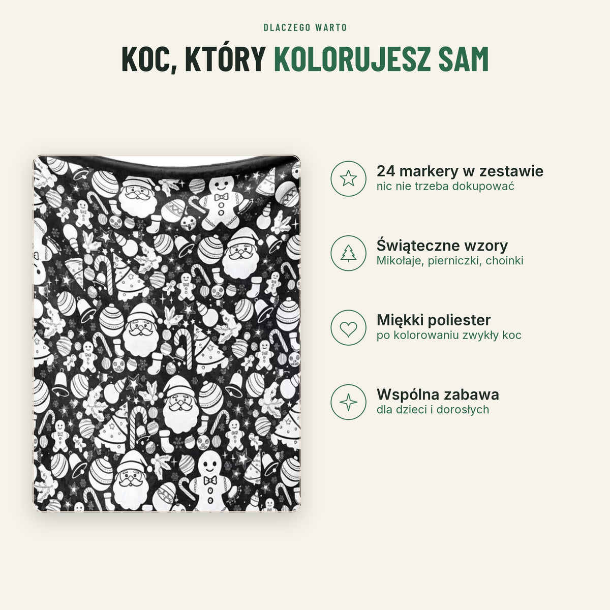 Koc do kolorowania — 24 markery, świąteczne wzory, miękki poliester