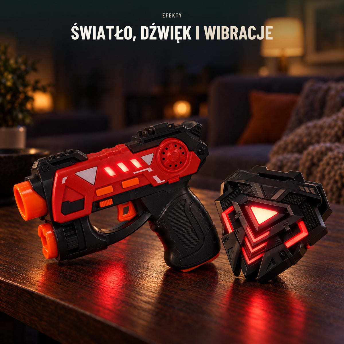 Czerwony blaster i świecący czujnik laser tag — światło, dźwięk i wibracje