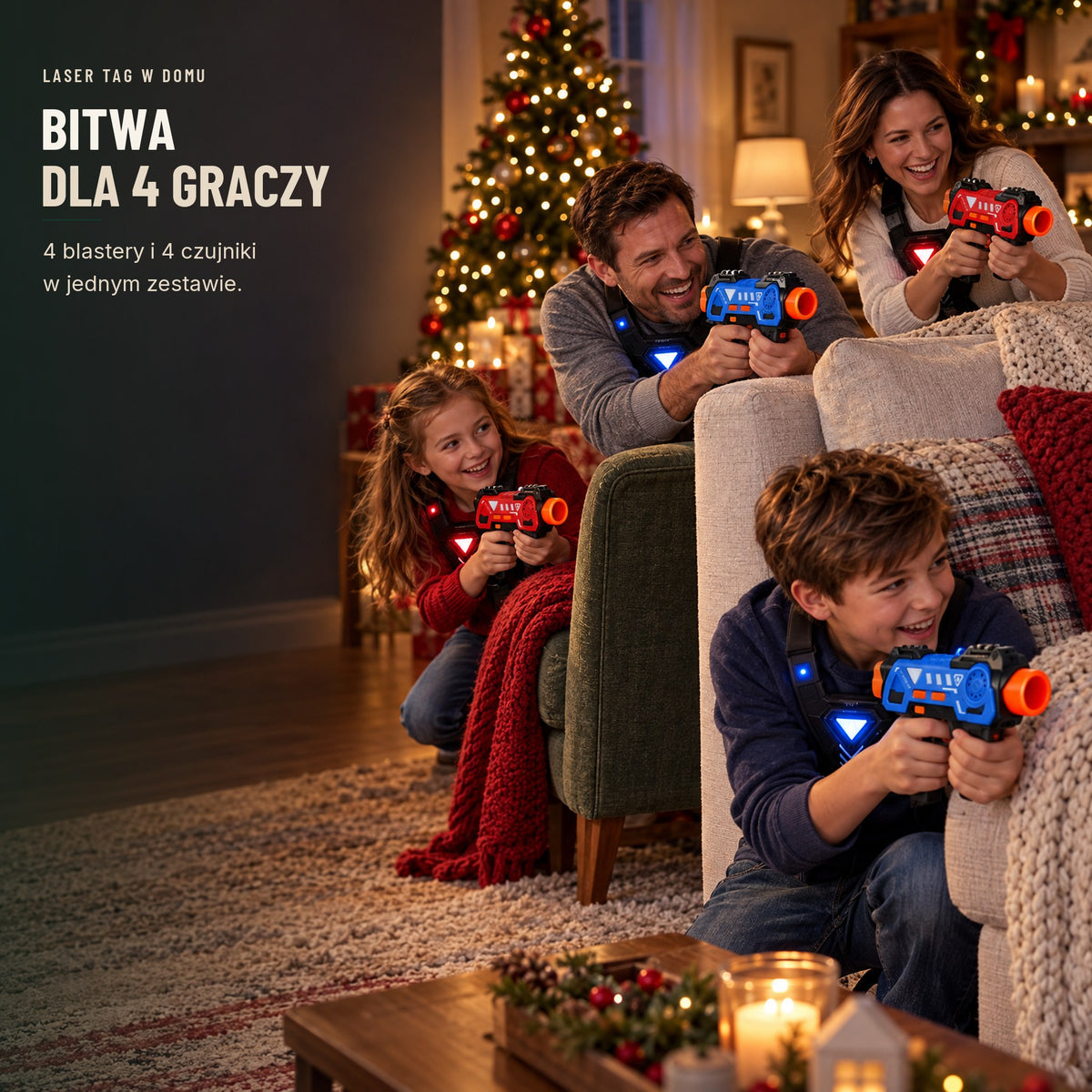 Czteroosobowa rodzina gra w laser tag w salonie — zestaw dla 4 graczy