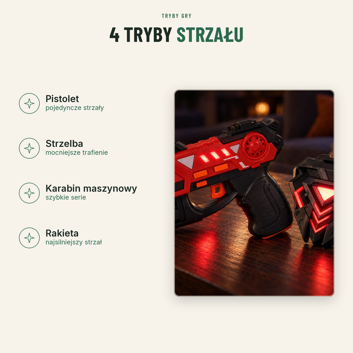 Laser tag: 4 tryby strzału — pistolet, strzelba, karabin maszynowy, rakieta