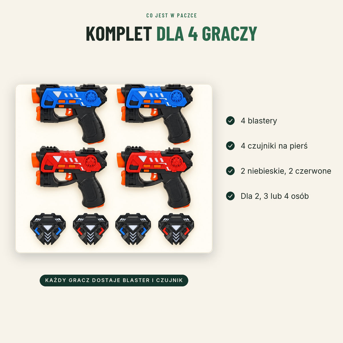 Zawartość zestawu laser tag dla 4 graczy: 4 blastery i 4 czujniki
