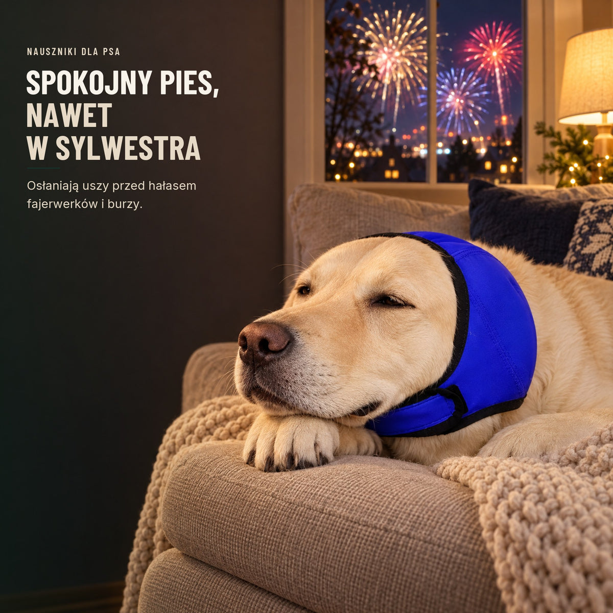 Spokojny labrador w niebieskich nausznikach leży na kanapie w sylwestrową noc