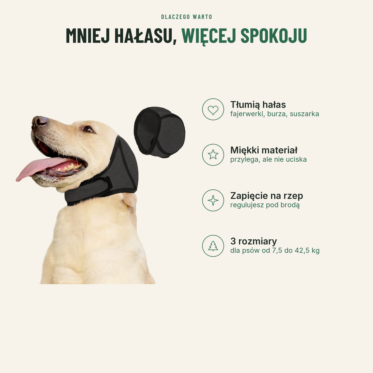 Nauszniki dla psa — tłumią hałas, miękki materiał, zapięcie na rzep, 3 rozmiary