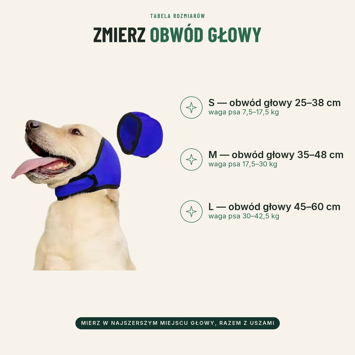 Tabela rozmiarów nauszników dla psa: S 25–38 cm, M 35–48 cm, L 45–60 cm obwodu głowy