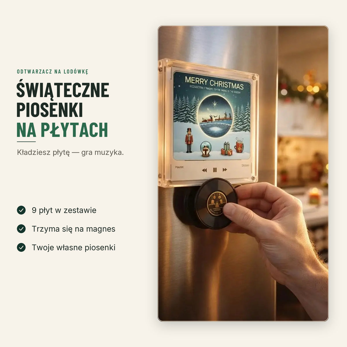 Świąteczny odtwarzacz z płytami przyczepiony do lodówki — mężczyzna kładzie płytę