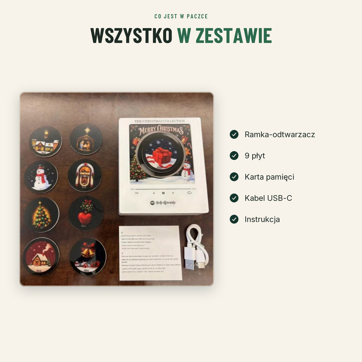 Zawartość zestawu: ramka-odtwarzacz, 9 płyt, kabel USB-C i instrukcja