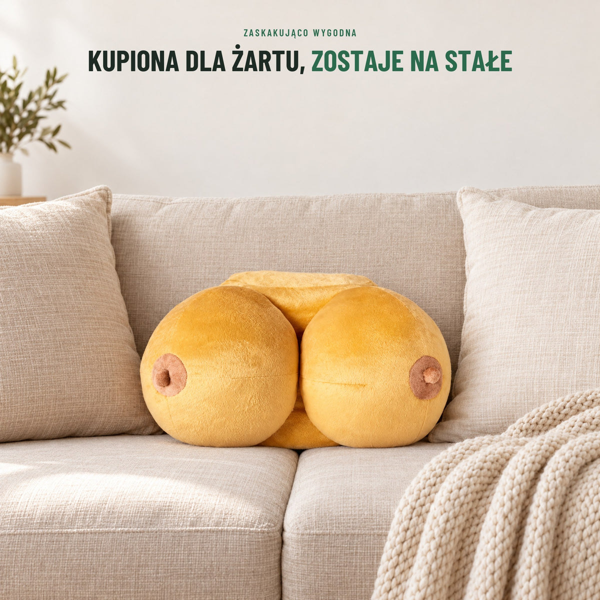 Pluszowa poduszka na kanapie obok zwykłych poduszek i koca