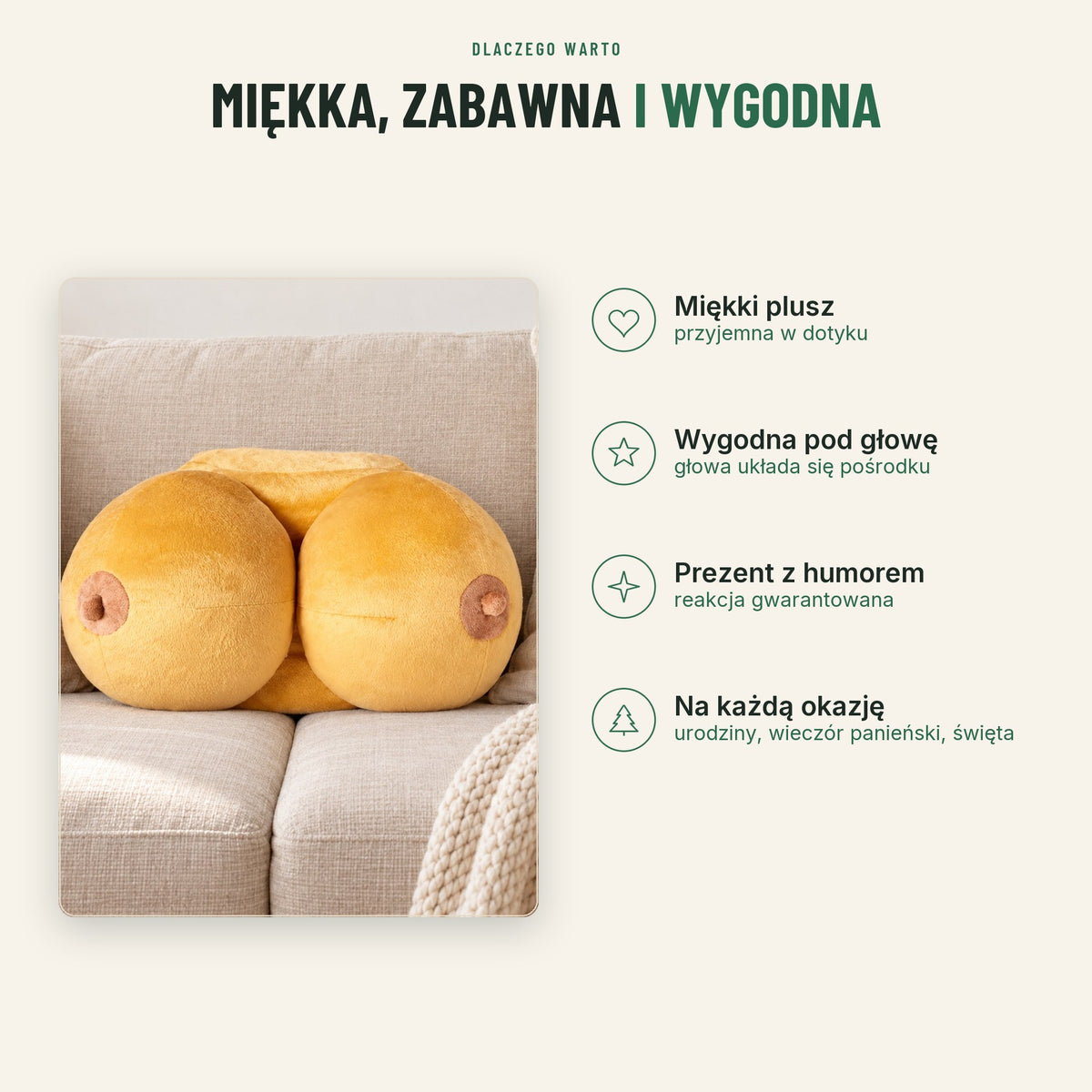 Pluszowa poduszka — miękki plusz, wygodna pod głowę, prezent z humorem