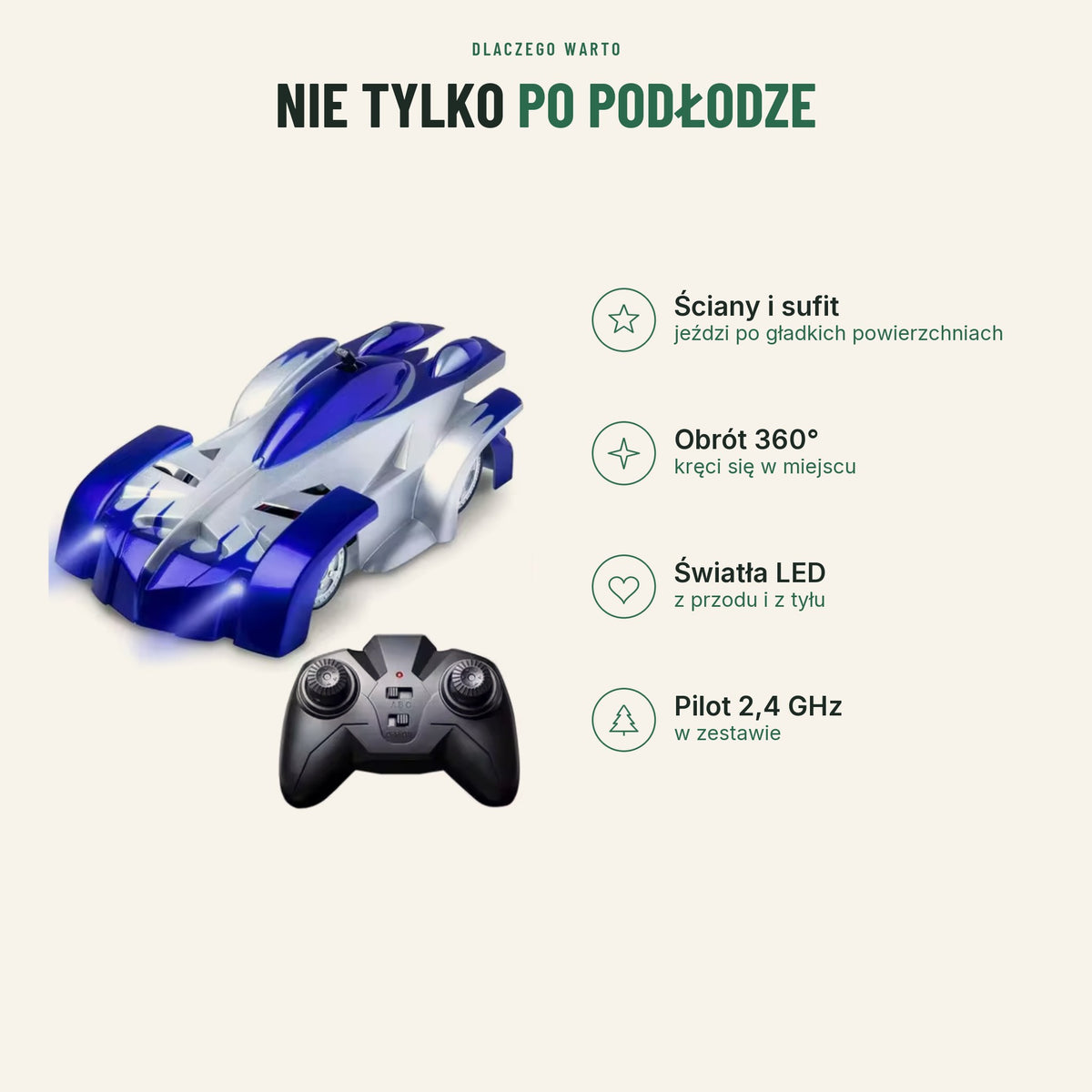 Samochód RC — jeździ po ścianach i suficie, obrót 360°, światła LED, pilot 2,4 GHz