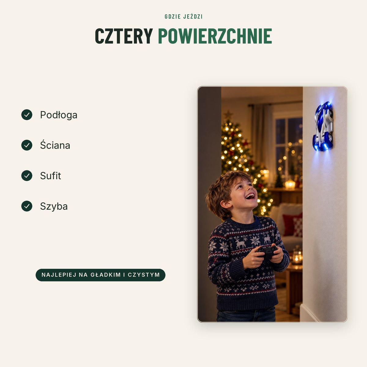Samochód RC jeździ po podłodze, ścianie, suficie i szybie