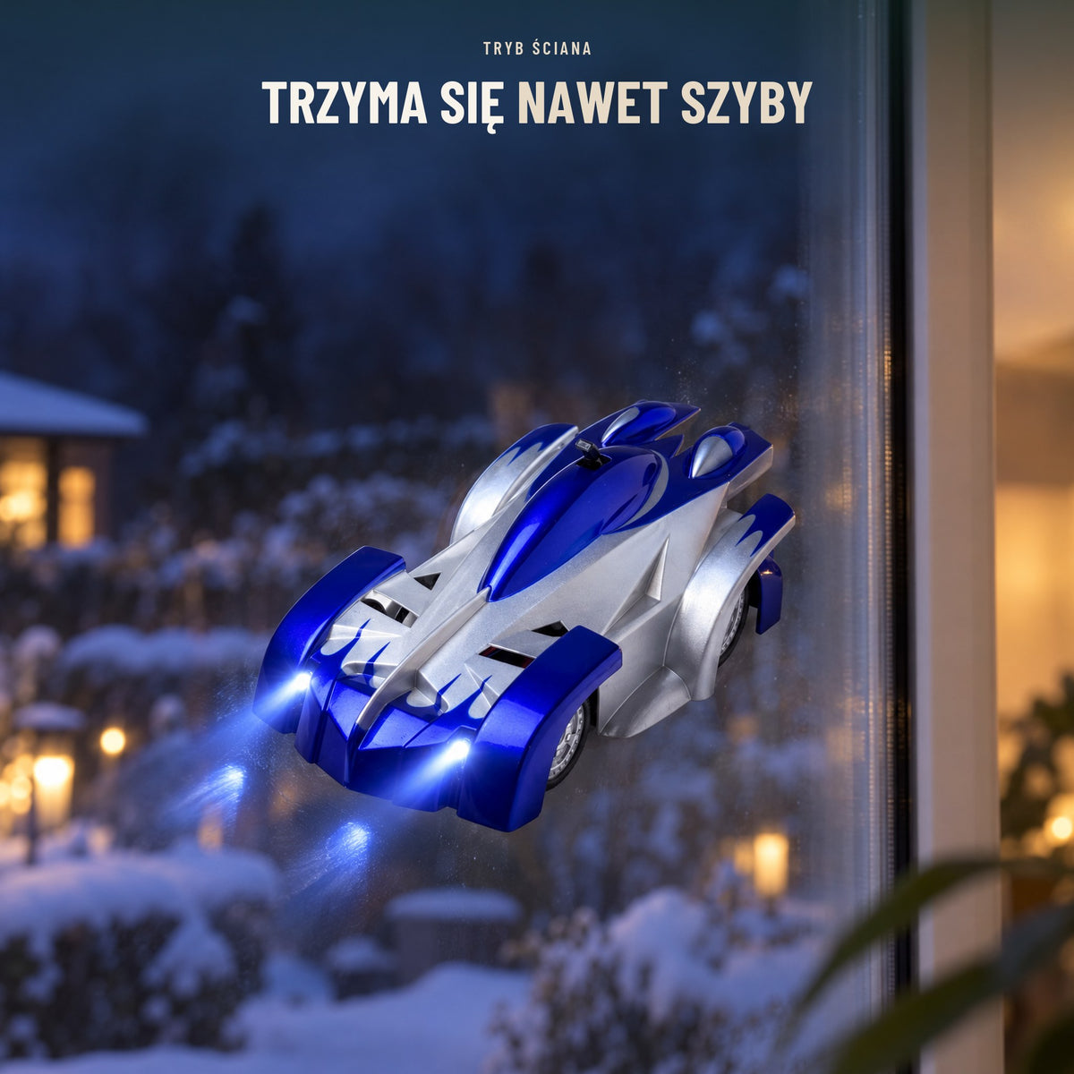 Niebieski samochód RC jedzie po szybie okna