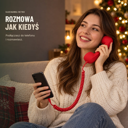 Kobieta rozmawia przez czerwoną słuchawkę retro podłączoną do smartfona
