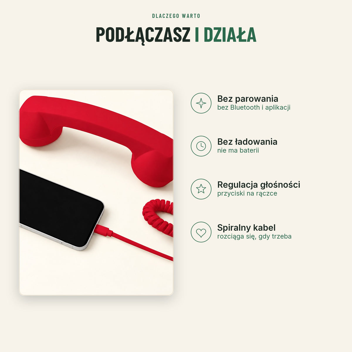 Słuchawka retro do telefonu — bez Bluetooth, bez ładowania, z regulacją głośności