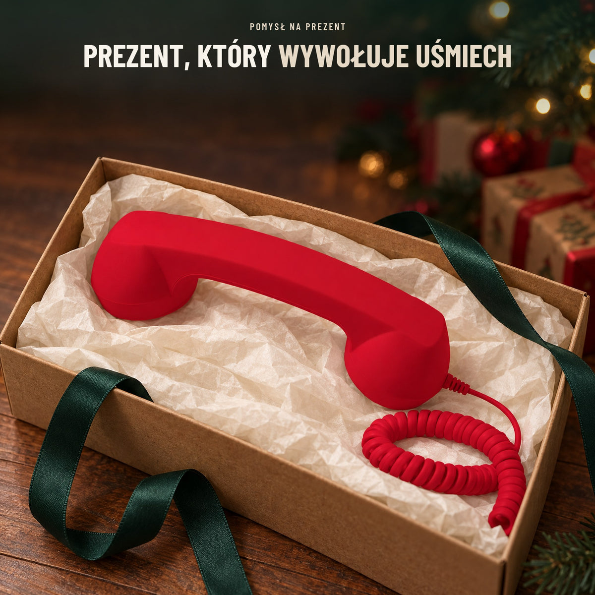 Czerwona słuchawka retro w pudełku prezentowym pod choinką